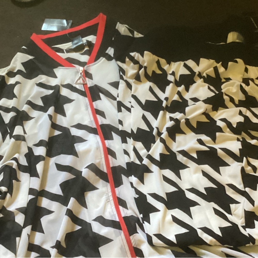 Ashley Stewart Black and White Houndstooth Jumpsuit with Red Accents